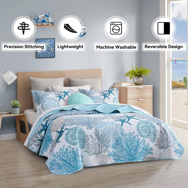 Tritard 3 Piece Coastal Quilt Sets King Size - Reversible Microfiber Quilts with 2 Shams Soft Lightweight Beach Bedding Nautical Bedspread Coverlet Summer Comforter Set for All Season  106''x96'' - Image 2